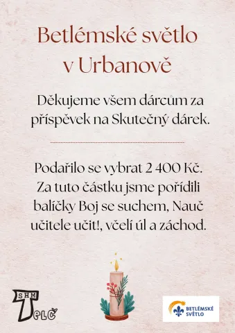 Betlémské světlo v Urbanově - poděkování