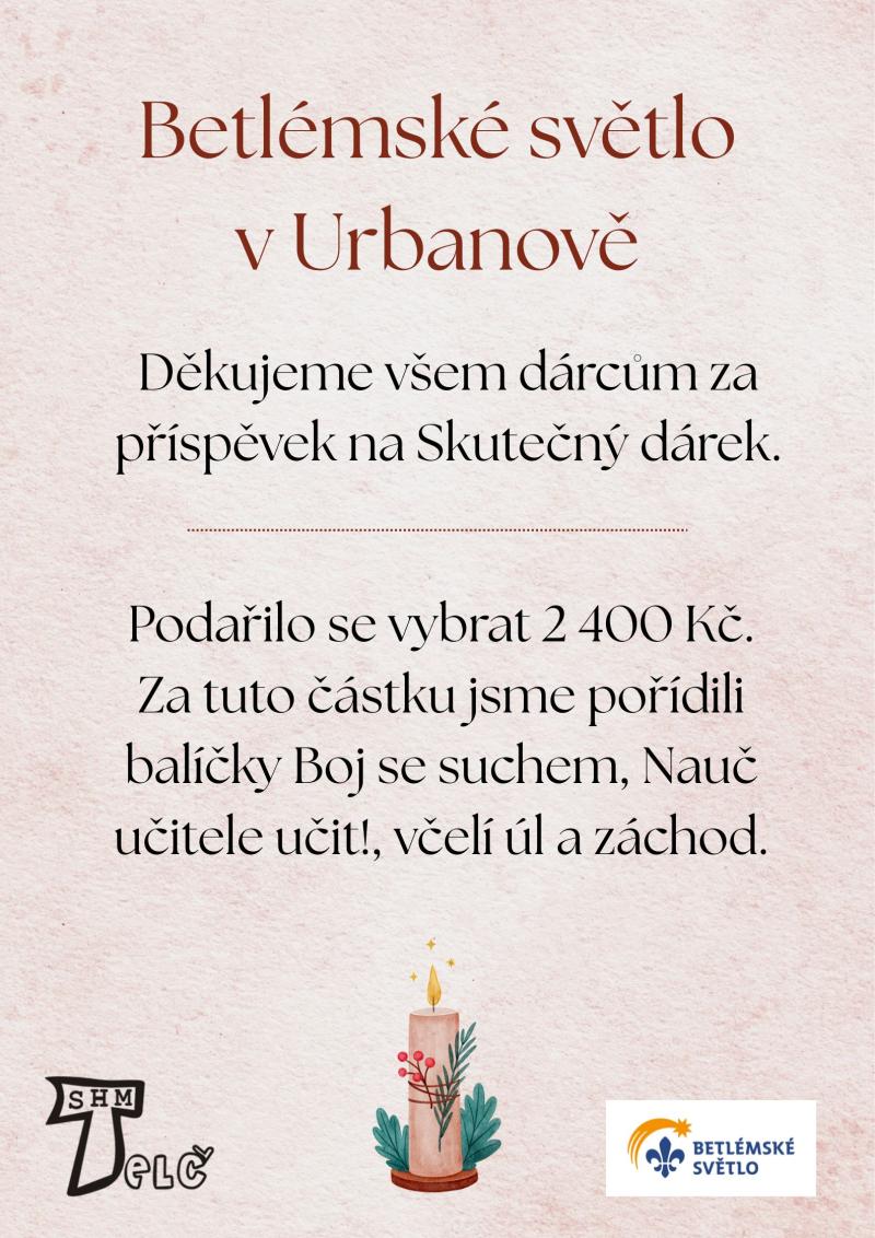 Betlémské světlo v Urbanově - poděkování