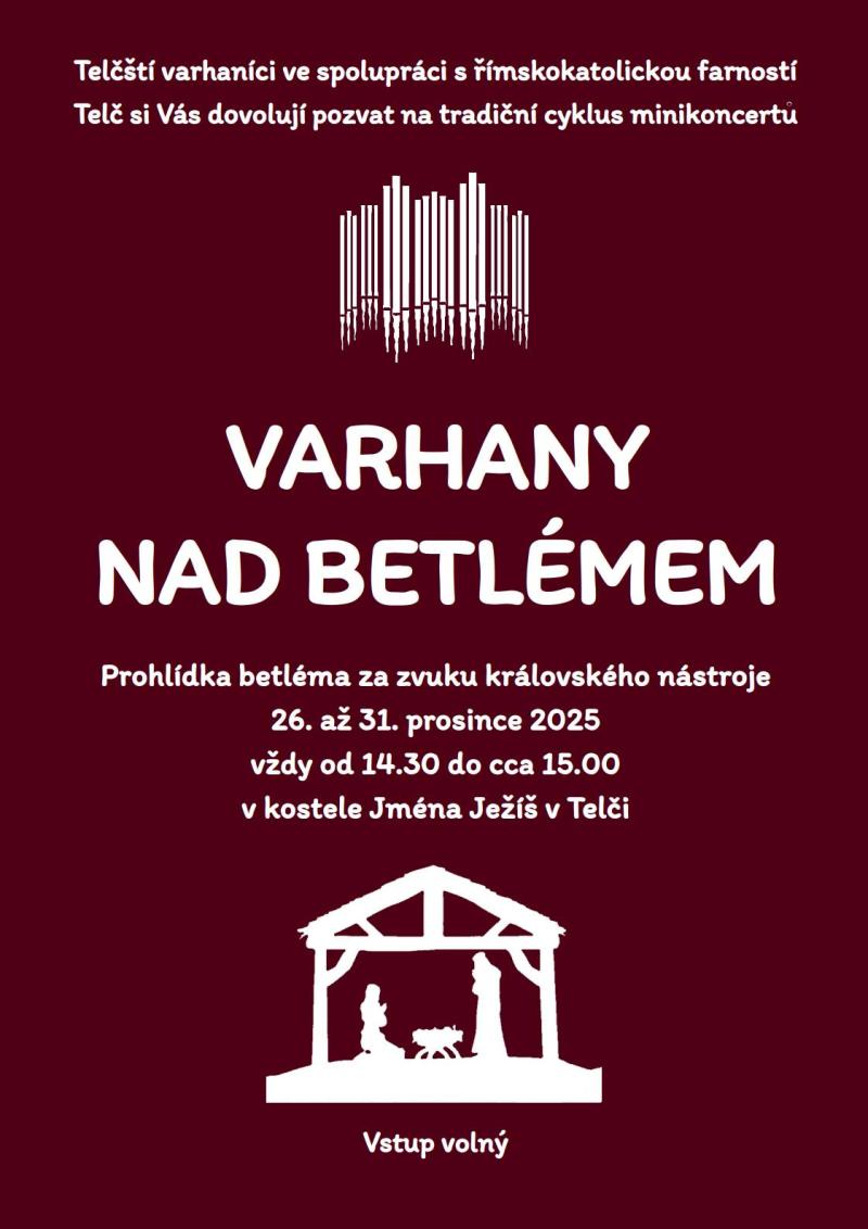 Každý den od 26. do 31. prosince jste zváni na prohlídku betléma v kostele Jména Ježíš za zvuku varhan a dalších nástrojů. Vždy mezi 14.30 a 15.00. Vstup volný.